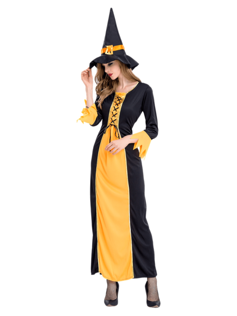 Women's Black Yellow Long Witch Costume
