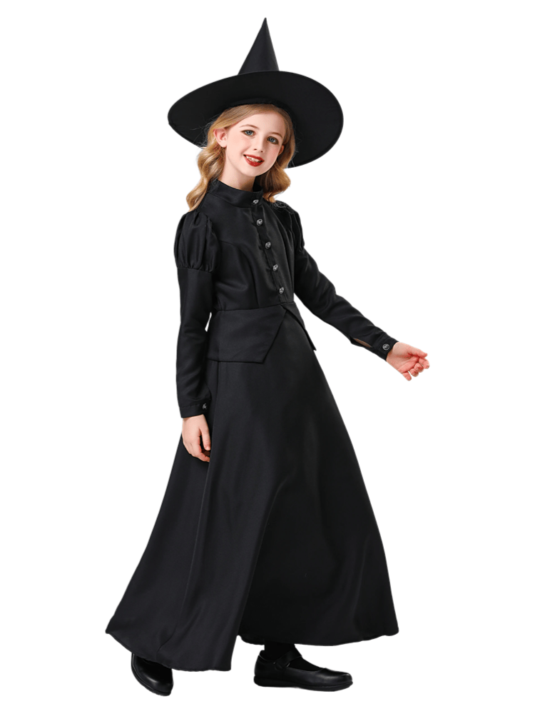 Girls Vintage Black Long Witch Dress Costume