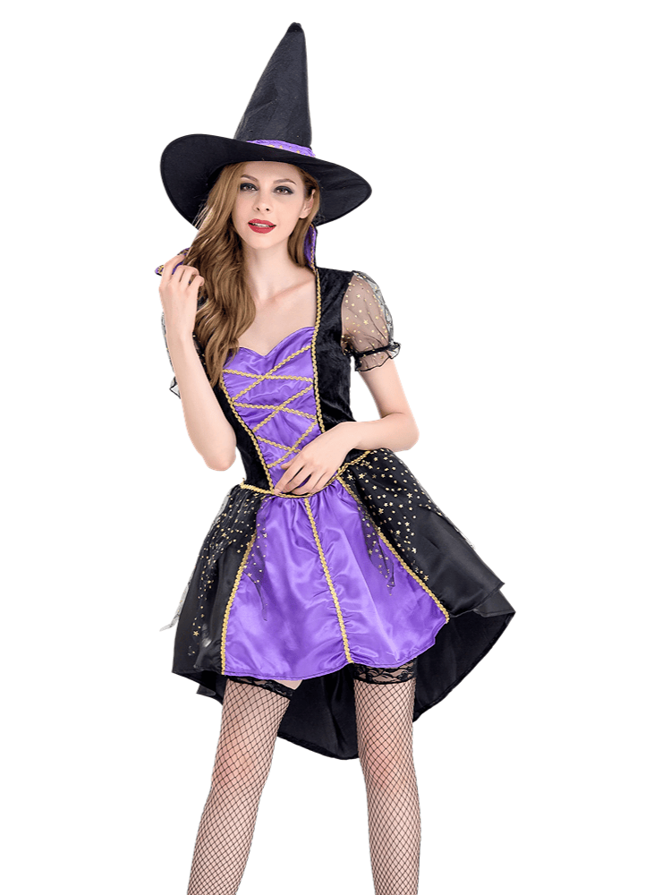 Women's Black Purple Gold Star Witch Costume