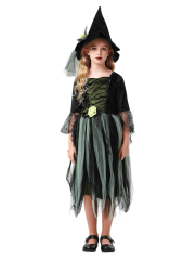 Girls Green Black Tulle Witch Dress Costume