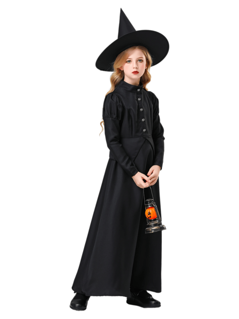 Girls Vintage Black Long Witch Dress Costume