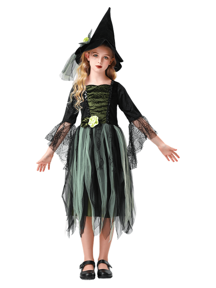 Girls Green Black Tulle Witch Dress Costume