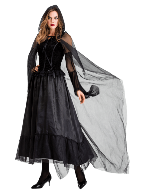 Women's Black Tulle Hooded Witch Costume