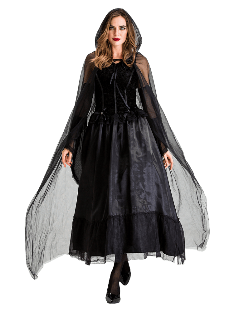 Women's Black Tulle Hooded Witch Costume