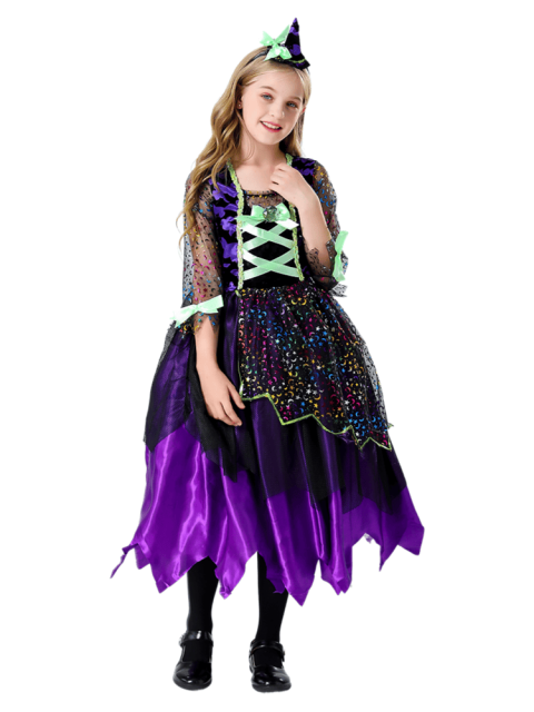 Girls Purple Black Glitter Witch Dress Costume