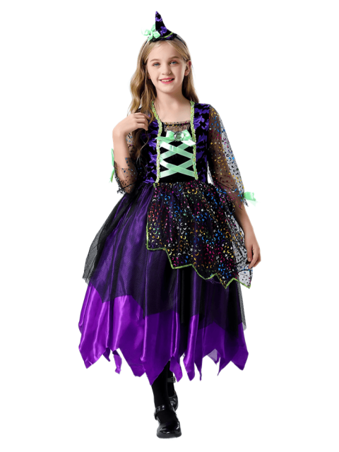 Girls Purple Black Glitter Witch Dress Costume