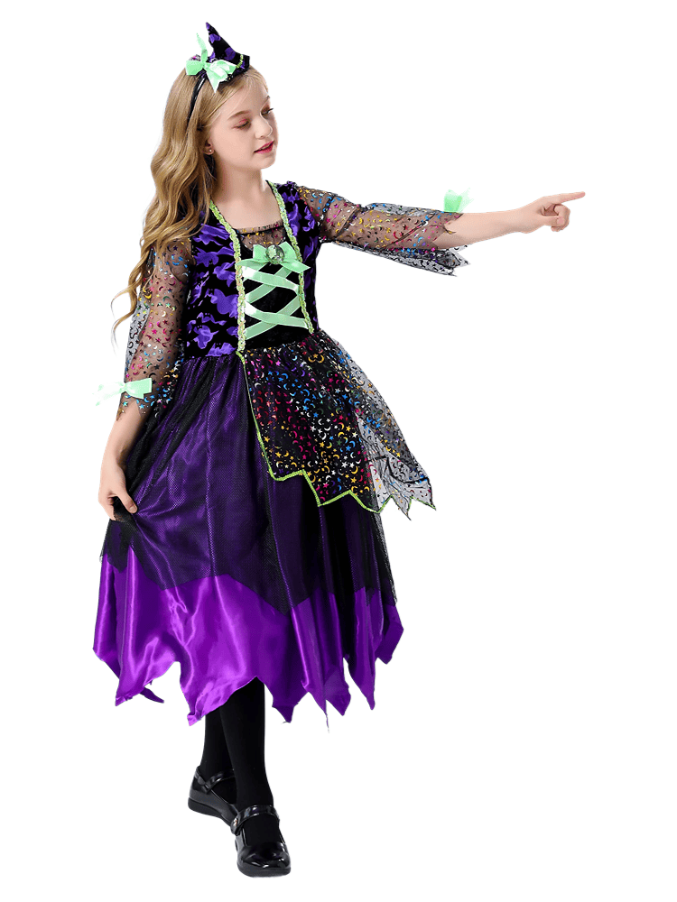 Girls Purple Black Glitter Witch Dress Costume