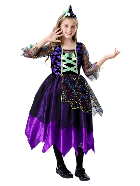 Girls Purple Black Glitter Witch Dress Costume
