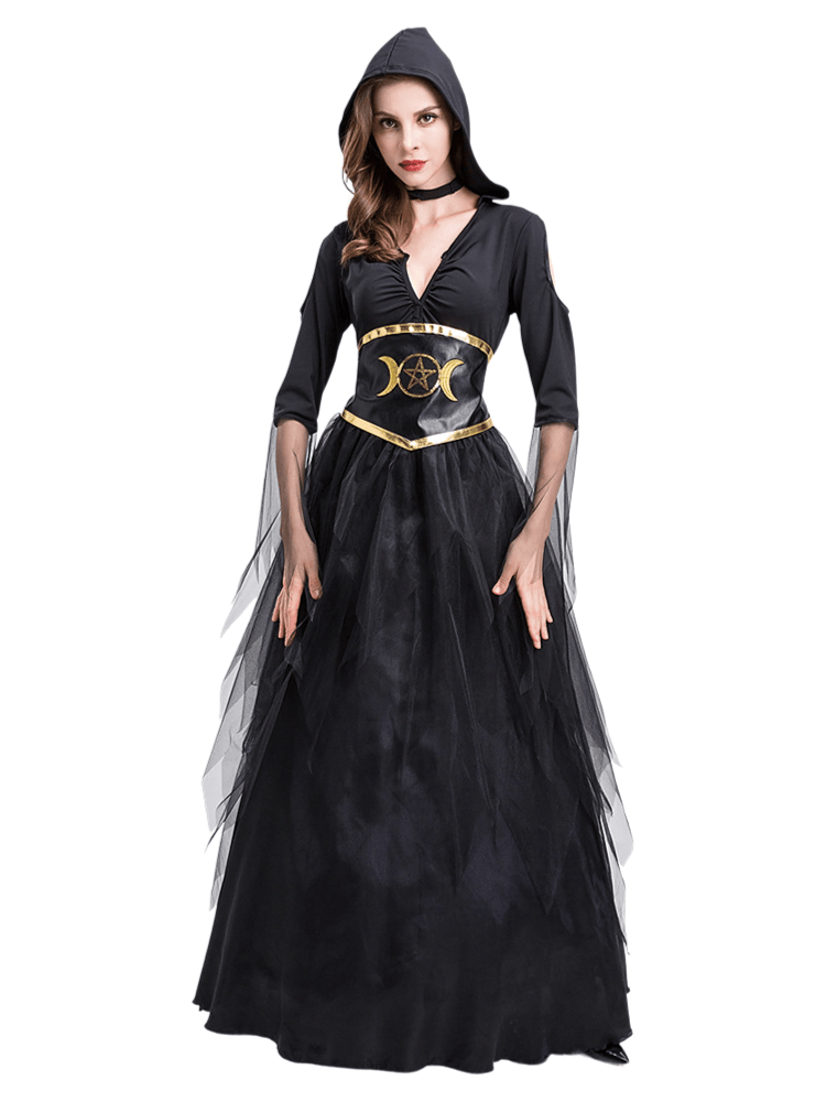 Women's Black Gold Moon Star Witch Costume