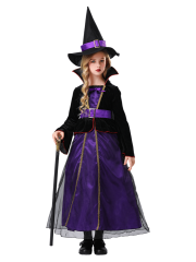 Girls Purple Black Velvet Witch Dress Costume