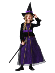 Girls Purple Black Velvet Witch Dress Costume