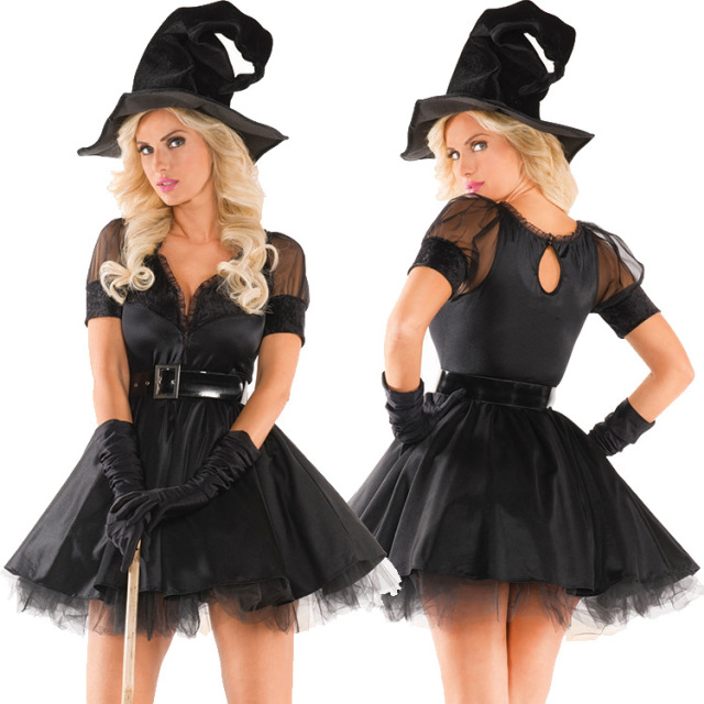 Women's Sheer Lace Black Witch Dress Costume