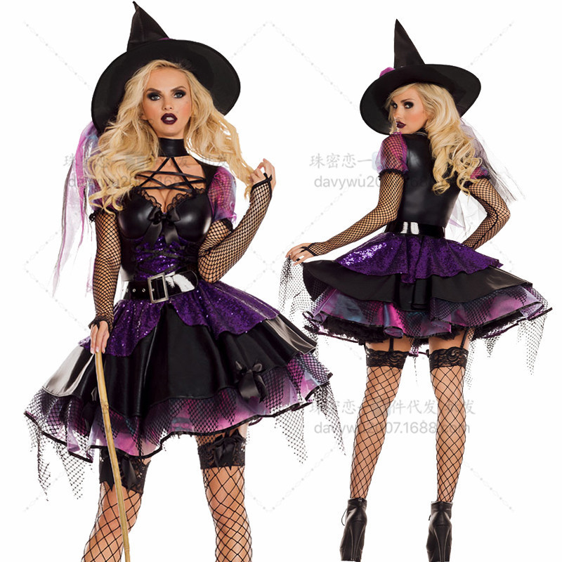 Women's Purple Black Glitter Witch Costume