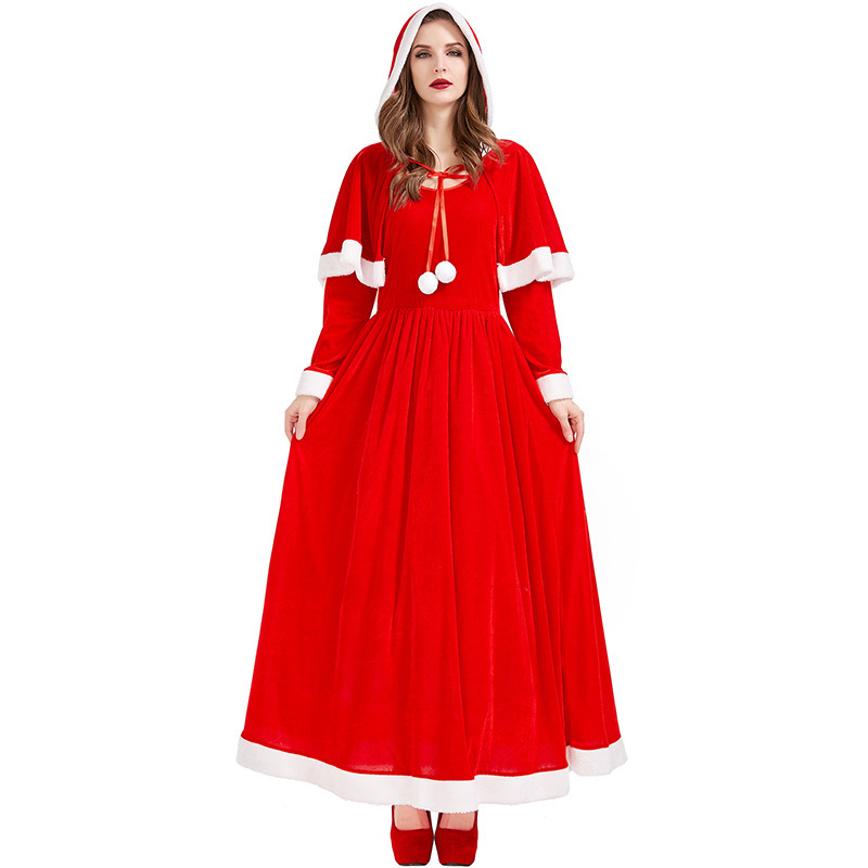 Wholesale Elegant Long Red Christmas Dress with Cape & Fur Trim
