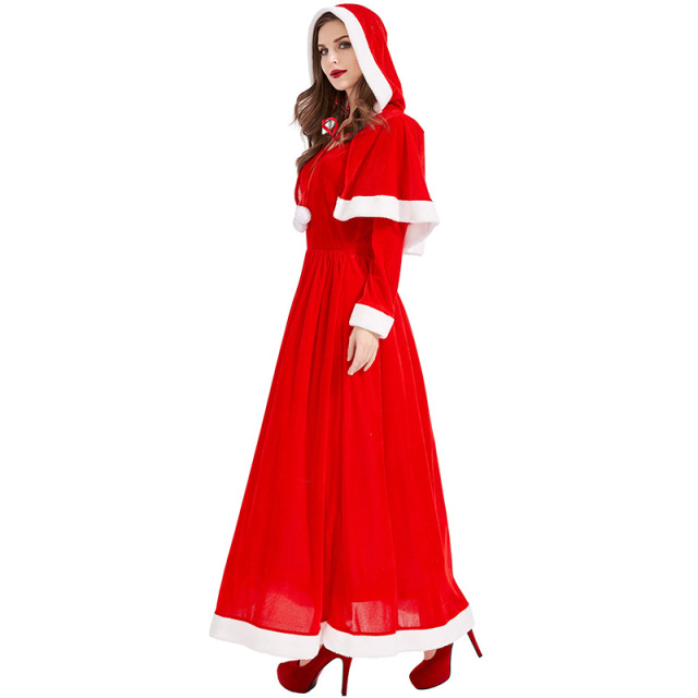 Wholesale Elegant Long Red Christmas Dress with Cape & Fur Trim