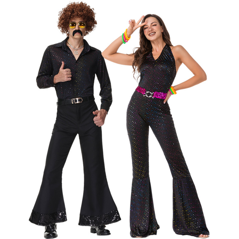 Black 70s Disco Couple Costume | Matching Disco Party Outfit Wholesale