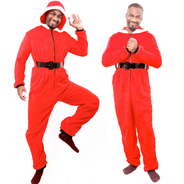 Men Red And Green Hooded Christmas Jumpsuit