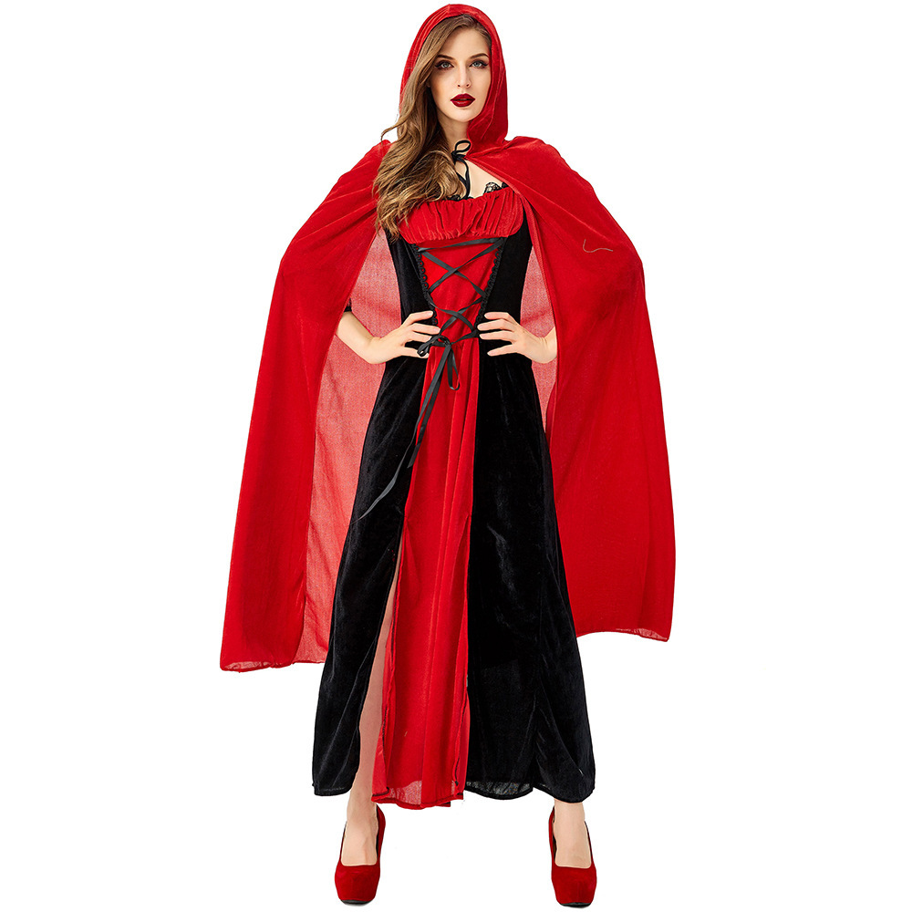 Wholesale Gothic Vampire Costume - Women's Red Velvet Hooded Dress
