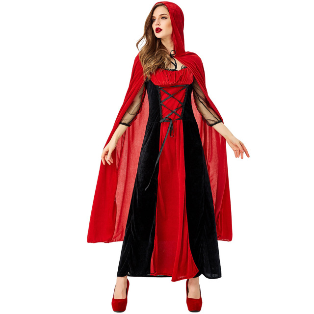 Wholesale Gothic Vampire Costume - Women's Red Velvet Hooded Dress