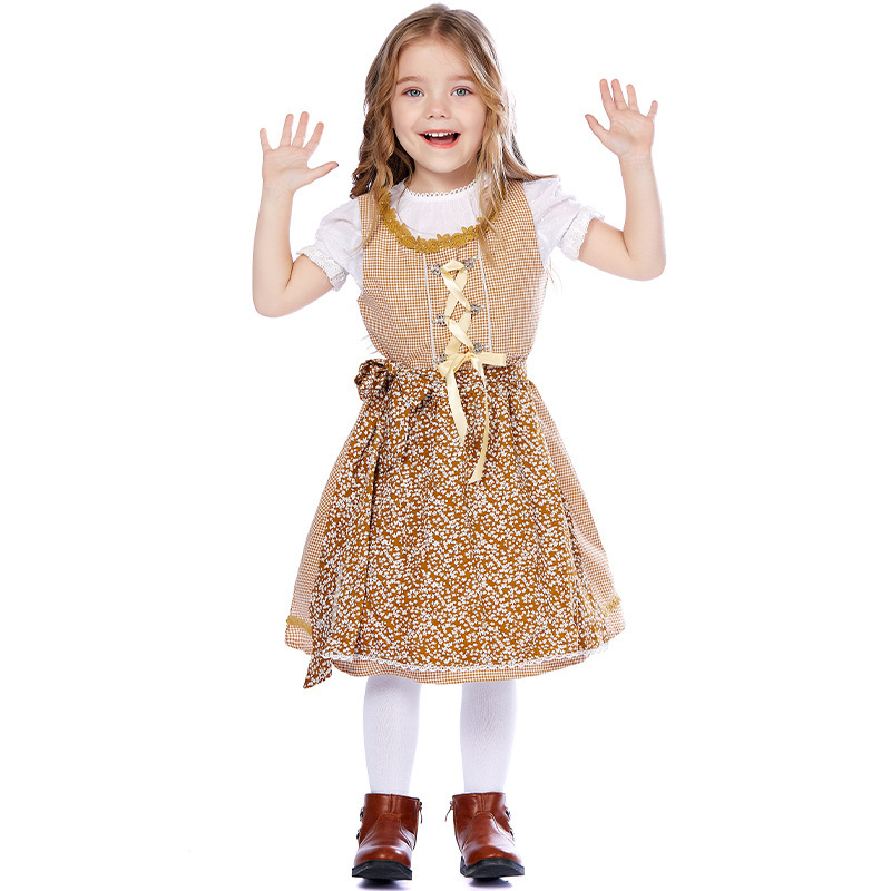 Wholesale Girls German Dirndl - Khaki Checkered Floral Dress