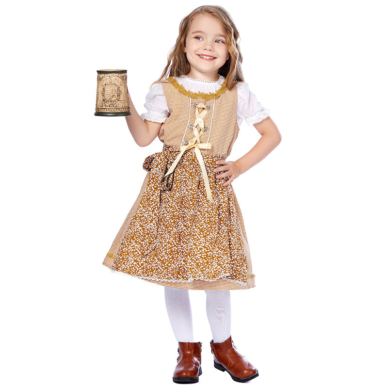 Wholesale Girls German Dirndl - Khaki Checkered Floral Dress