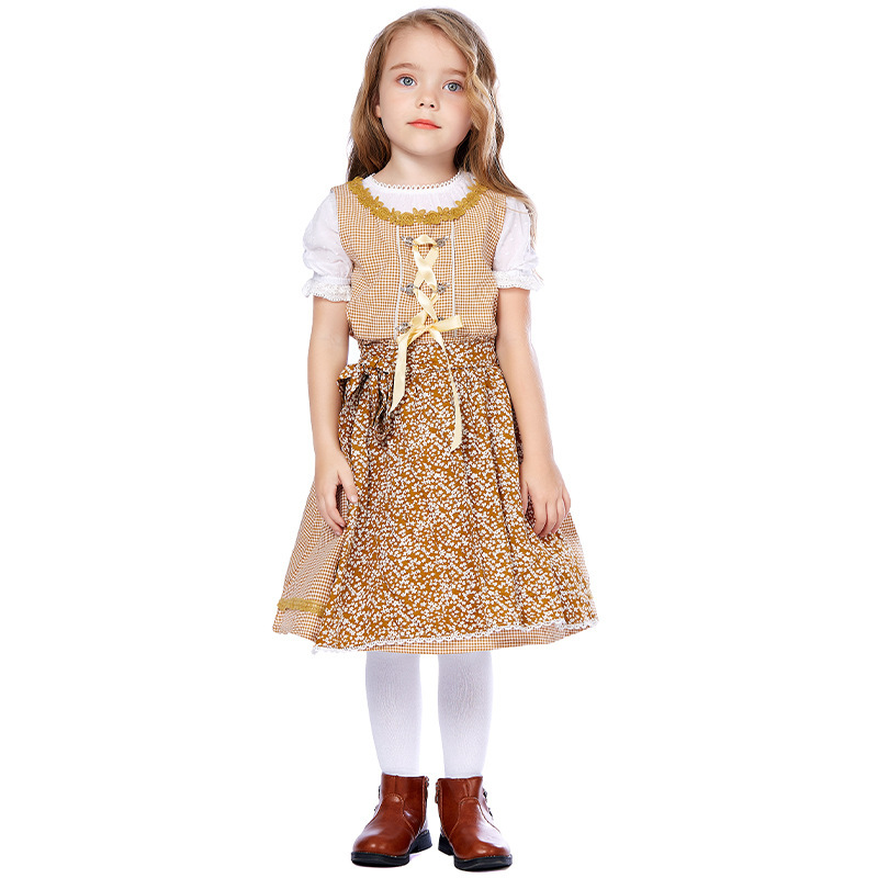 Wholesale Girls German Dirndl - Khaki Checkered Floral Dress