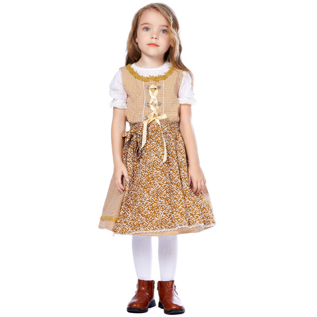 Wholesale Girls German Dirndl - Khaki Checkered Floral Dress