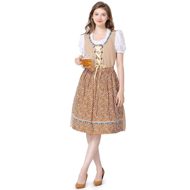 Wholesale Women's Oktoberfest Dirndl - Khaki Checkered Floral Set