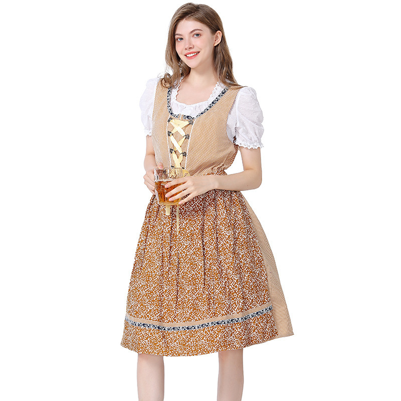 Wholesale Women's Oktoberfest Dirndl - Khaki Checkered Floral Set