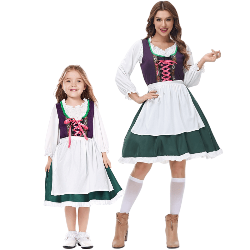 Wholesale Family Dirndl Costumes - Matching Purple & Green Group Set