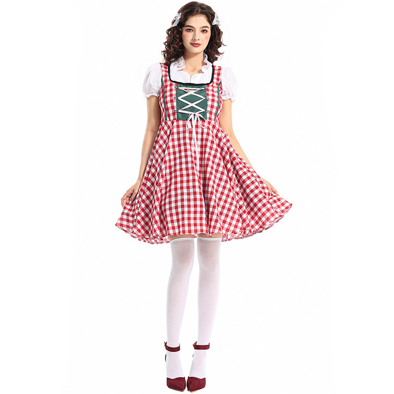 Wholesale Ladies Dirndl Dresses - Authentic Red Gingham Oktoberfest Set