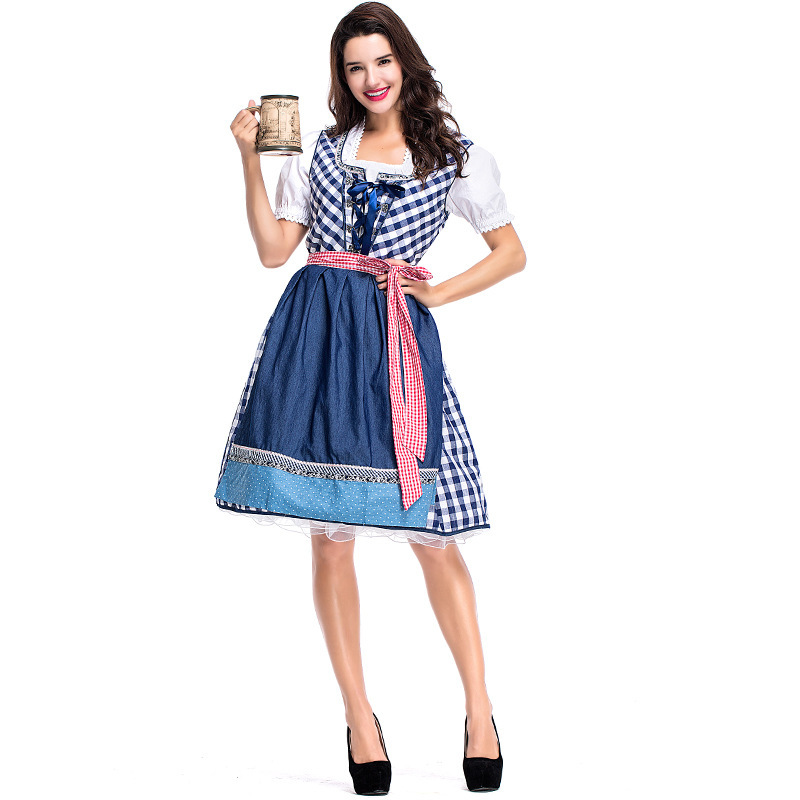 Wholesale Female Oktoberfest Outfit - Blue Gingham Beer Maid Dress