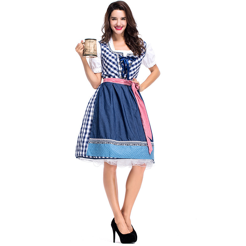 Wholesale Female Oktoberfest Outfit - Blue Gingham Beer Maid Dress