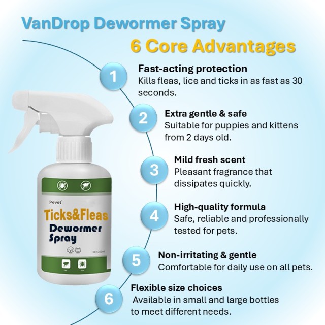 Spray antiparassitario rapido per animali domestici, ideale per la casa e gli esterni, elimina i parassiti in 30 secondi. Sicuro per cuccioli di 2 giorni, profumo fresco e leggero, non irritante e delicato. Disponibile in diverse misure.,Spray vermifugo contro pulci e zecche per cani e gatti. Trattamento antipulci ad azione rapida. Farmaco vermifugo per cani e gatti.,Pevet
