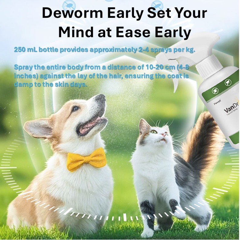 Spray antiparassitario rapido per animali domestici, ideale per la casa e gli esterni, elimina i parassiti in 30 secondi. Sicuro per cuccioli di 2 giorni, profumo fresco e leggero, non irritante e delicato. Disponibile in diverse misure.,Spray vermifugo contro pulci e zecche per cani e gatti. Trattamento antipulci ad azione rapida. Farmaco vermifugo per cani e gatti.,Pevet