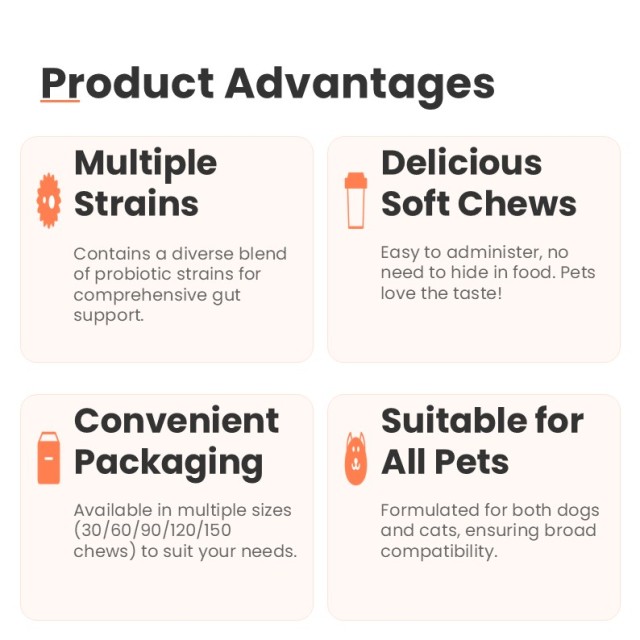 Comprimés à croquer PROBIOTIQUES pour la santé digestive des chats et des chiens, probiotiques pour animaux de compagnie, soutien intestinal, OEM, conditionnement en pot,Comprimés à croquer PROBIOTIQUES pour la santé digestive des chats et des chiens, probiotiques pour animaux de compagnie, soutien intestinal, OEM, conditionnement en pot,Pevet