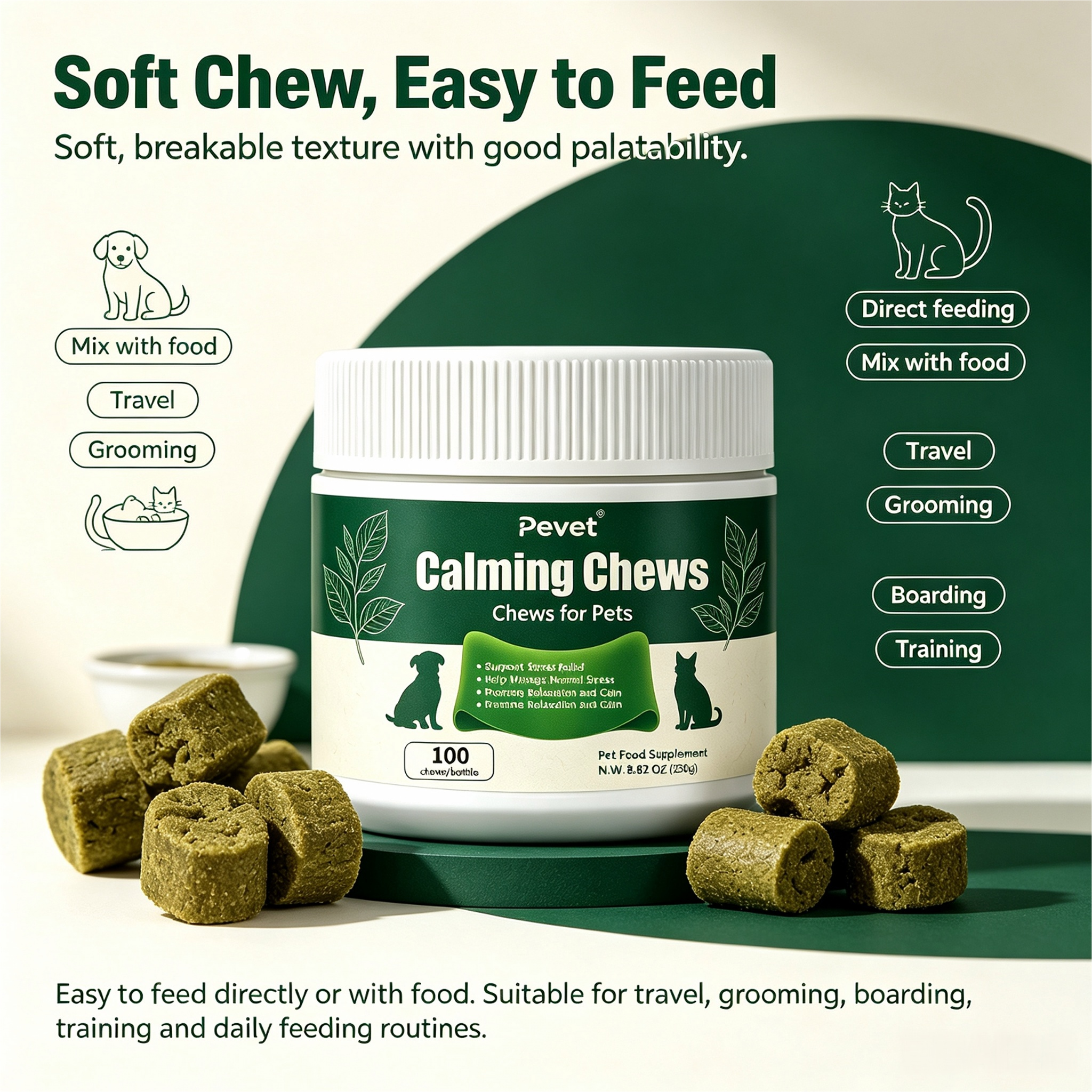 Pevet Calming Soft Chews for Cats & Dogs - Natural Colostrum, Passion Flower, Theanine, Inulin, Eases Storm Fears Stress & Noise,Pevet Calming Soft Chews for Cats & Dogs - Natural Colostrum, Passion Flower, Theanine, Inulin, Eases Storm Fears Stress & Noise,Pevet