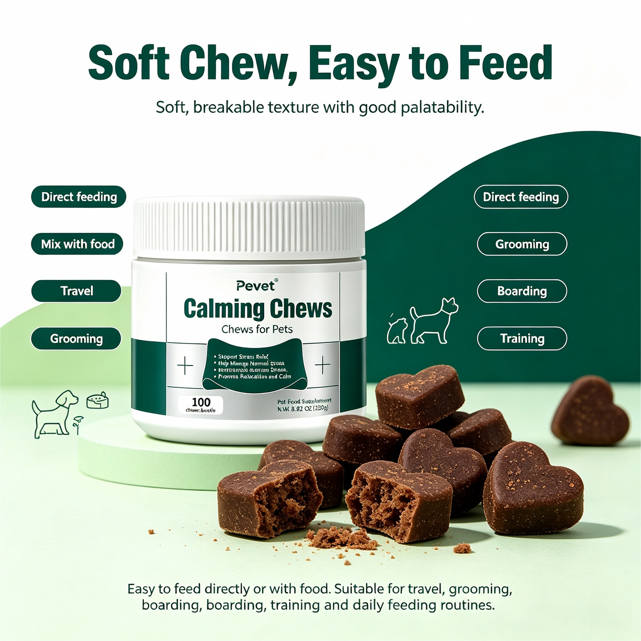 Pevet Calming Soft Chews for Cats & Dogs - Natural Ashwagandha, Inulin, Theanine, Chamomile, Eases Fireworks Stress & Noise,Pevet Calming Soft Chews for Cats & Dogs - Natural Ashwagandha, Inulin, Theanine, Chamomile, Eases Fireworks Stress & Noise,Pevet
