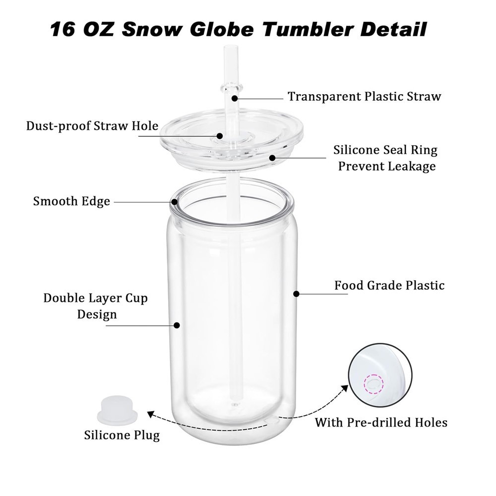 RTS US Warehouse 25pack 16oz or 20oz double wall plastic snow globe tumbler pre-drillled