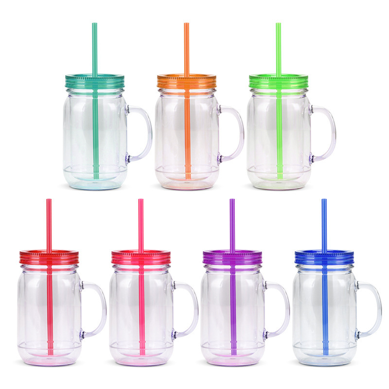 RTS US warehouse 25pack 20 Oz Acrylic Snowglobe Tumbler with Handle, Pre-Drilled Double Wall Plastic Mason Jar