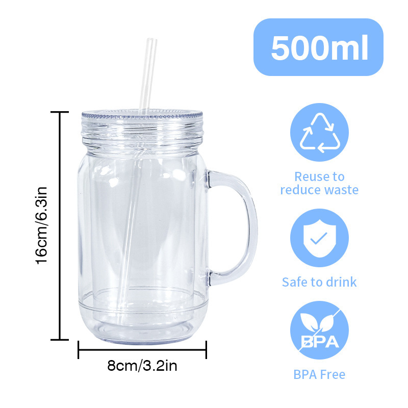 RTS US warehouse 25pack 20 Oz Acrylic Snowglobe Tumbler with Handle, Pre-Drilled Double Wall Plastic Mason Jar