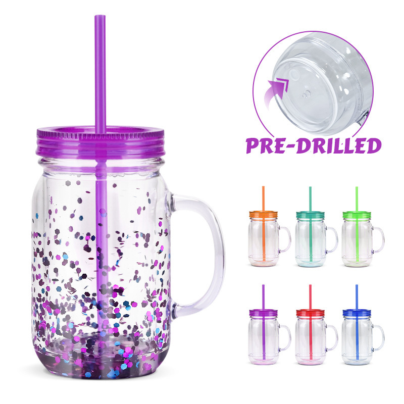 RTS US warehouse 25pack 20 Oz Acrylic Snowglobe Tumbler with Handle, Pre-Drilled Double Wall Plastic Mason Jar