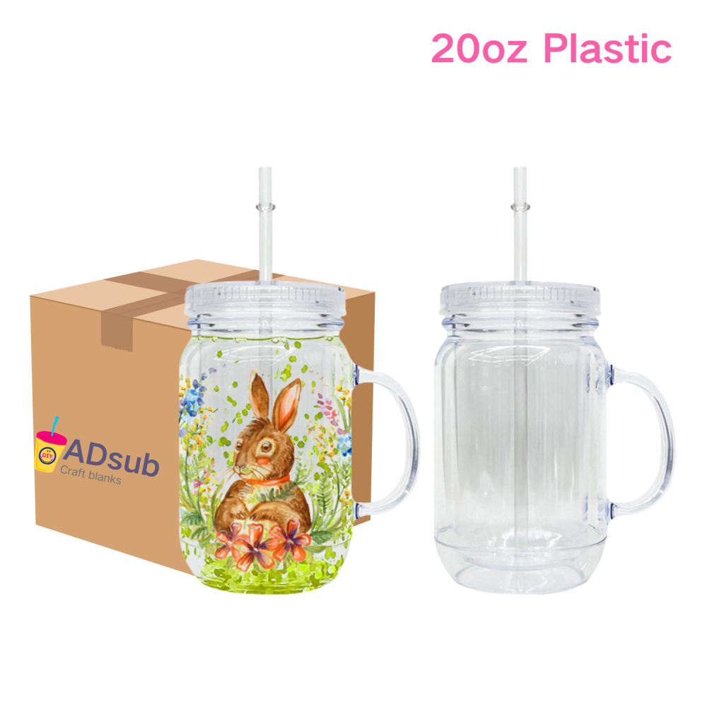 RTS US warehouse 25pack 20 Oz Acrylic Snowglobe Tumbler with Handle, Pre-Drilled Double Wall Plastic Mason Jar