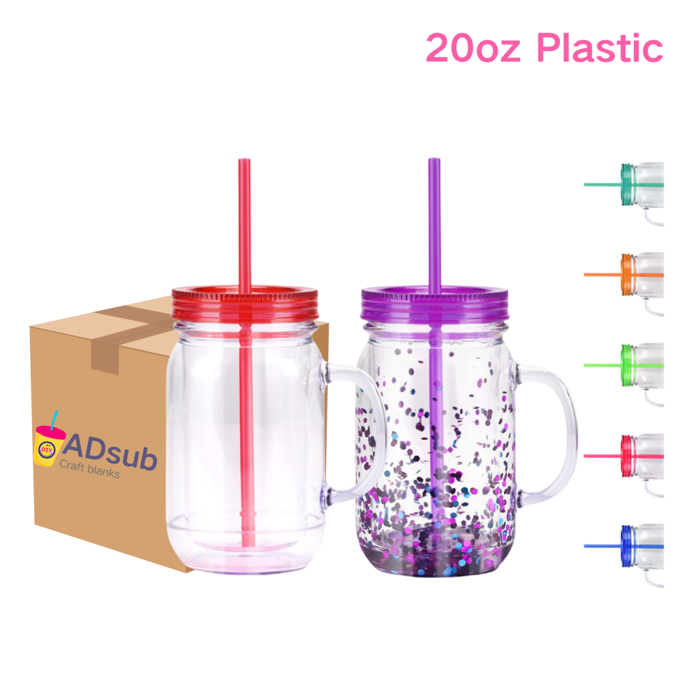 RTS US warehouse 25pack 20 Oz Acrylic Snowglobe Tumbler with Handle, Pre-Drilled Double Wall Plastic Mason Jar
