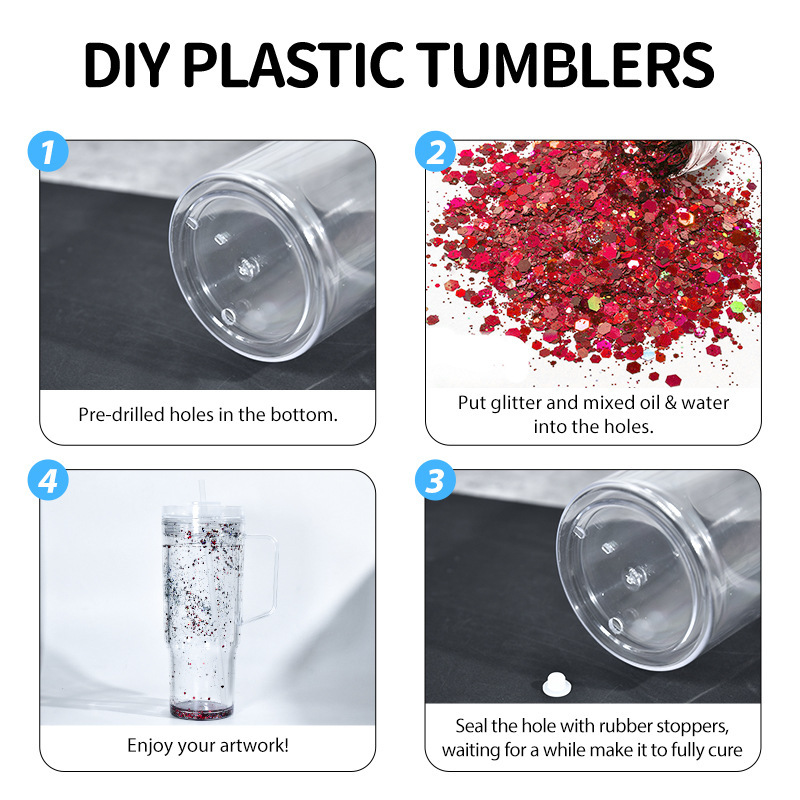 RTS US warehouse 20pack 40oz Acrylic Snow Globe Cups, Double Wall Clear Plastic Snowglobe Tumbler with Pre Drilled Hole