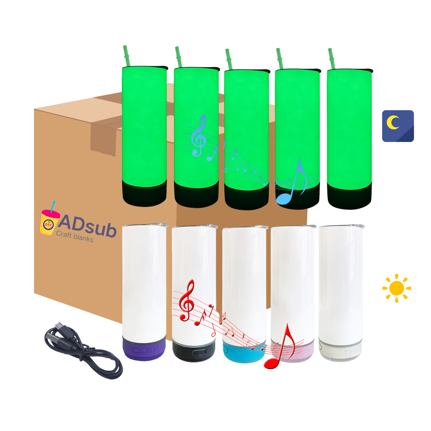 20oz Sublimation glow green in dark speaker tumbler, glow in dark bluetooth tumbler