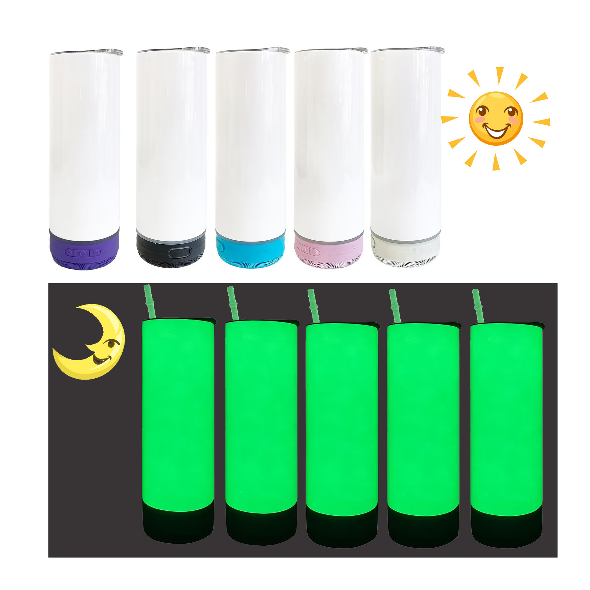 20oz Sublimation glow green in dark speaker tumbler, glow in dark bluetooth tumbler