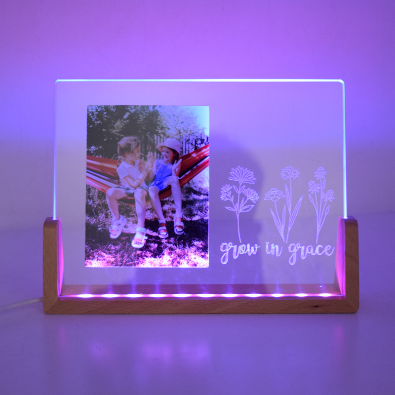 sublimation & laser engraving 2 in 1 glass frame with LED wood stand