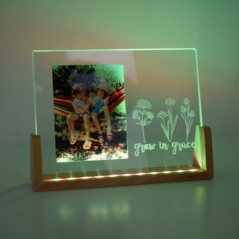 sublimation & laser engraving 2 in 1 glass frame with LED wood stand