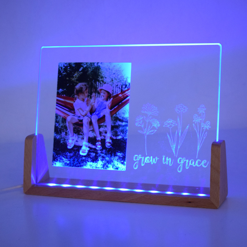 sublimation & laser engraving 2 in 1 glass frame with LED wood stand